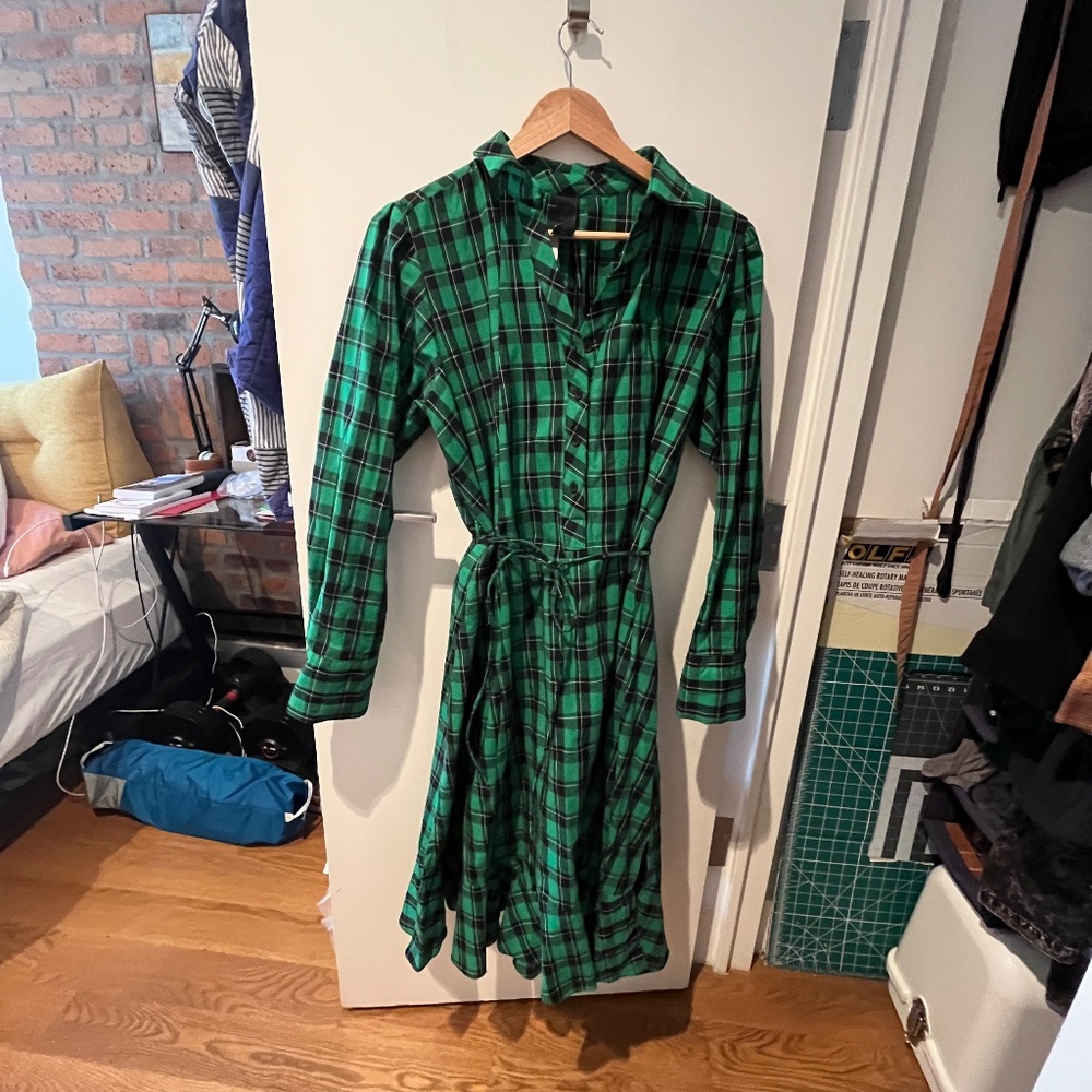 Popo made in Korea plaid green black long sleeve dress midi collared large